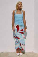 Evie Halter Ruched Midi Dress Amoree Red