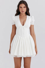 White Pleated Cotton Mini Dress 82175