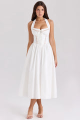 White Cotton Halter Neck Midi Dress 39260