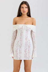 Vintage Cream Floral Lace Off Shoulder Mini Dress 27708