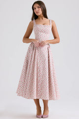 White Rosebud Print Cotton Midi Sundress