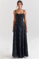 Midnight Blue Lurex Chiffon Maxi Dress 64817