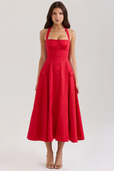 Red Stretch Cotton Button Halter Neck Midi Dress
