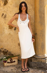 Amba-White-Button-Detail-Midi-Dress