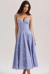 Blue Daisy Print Stretch Cotton Midi Sundress 70386