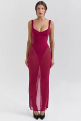 Wine Stretch Mesh Maxi Dress