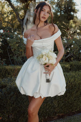 Ivory-Satin-Off-Shoulder-Mini-Bridal-Gown