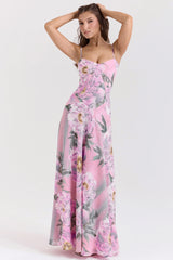 Pink Floral Print Lace Back Maxi Dress 61935
