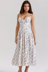 Cream Stretch Cotton Floral Print Midi Sundress