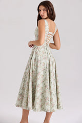 Sage Floral Print Cotton Midi Dress 67028