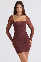 Mocha Mesh Long Sleeve Mini Dress