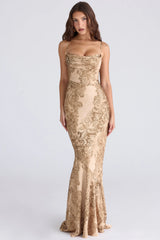 Gold Patterned Satin Maxi Dress Limited Edition