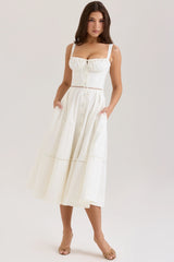 White Cotton Button Front Midi Dress 39697