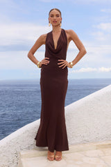 Lotus Halter Cowl Maxi Dress Bitter Chocolate