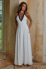 Carolina Halter Ruched Maxi Dress Ivory Black Polka