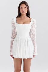 White Lace Puff Sleeve Mini Dress 80497