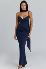 Navy Satin Gathered Maxi Dress Scarf