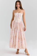 Peach Floral Print Stretch Cotton Midi Sundress
