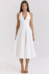 White Stretch Cotton Halter Midi Sundress 74821