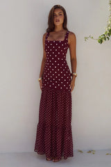 Tillie Sheer Bottom Maxi Dress Wine White Polka