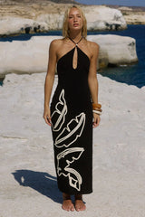 Brontie Keyhole Halter Midi Dress Black