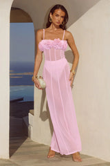 Demi Sheer Flower Trim Maxi Dress Musk