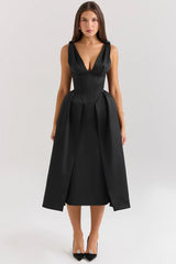 Black Satin Twist Strap Midi Dress Sale