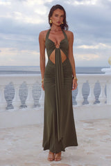 Flora Cut Out Halter Maxi Dress Olive