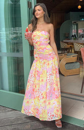 Sinclair-Yellow-Floral-Print-Strapless-Maxi-Dress