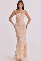 Peach Hand Beaded Embellished Corset Maxi Dress Limited Edition