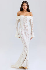 Vintage Cream Floral Lace Off Shoulder Maxi Dress 70741