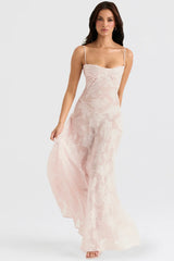 Soft Pink Floral Lace Back Maxi Dress 61201