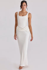 Ivory Satin Gathered Maxi Dress 42964
