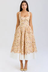 Honeyflower Print Gathered Cotton Midi Dress