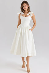White Stretch Cotton Bow Midi Dress 39371