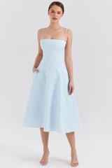 Soft Blue Stretch Cotton A Line Midi Sundress