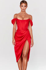 Red Satin Off Shoulder Dress