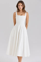 White Stretch Cotton Midi Sundress 73893