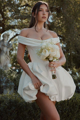 Ivory-Satin-Off-Shoulder-Mini-Bridal-Gown