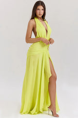 Acid-Lime-Backless-Halter-Maxi-Dress