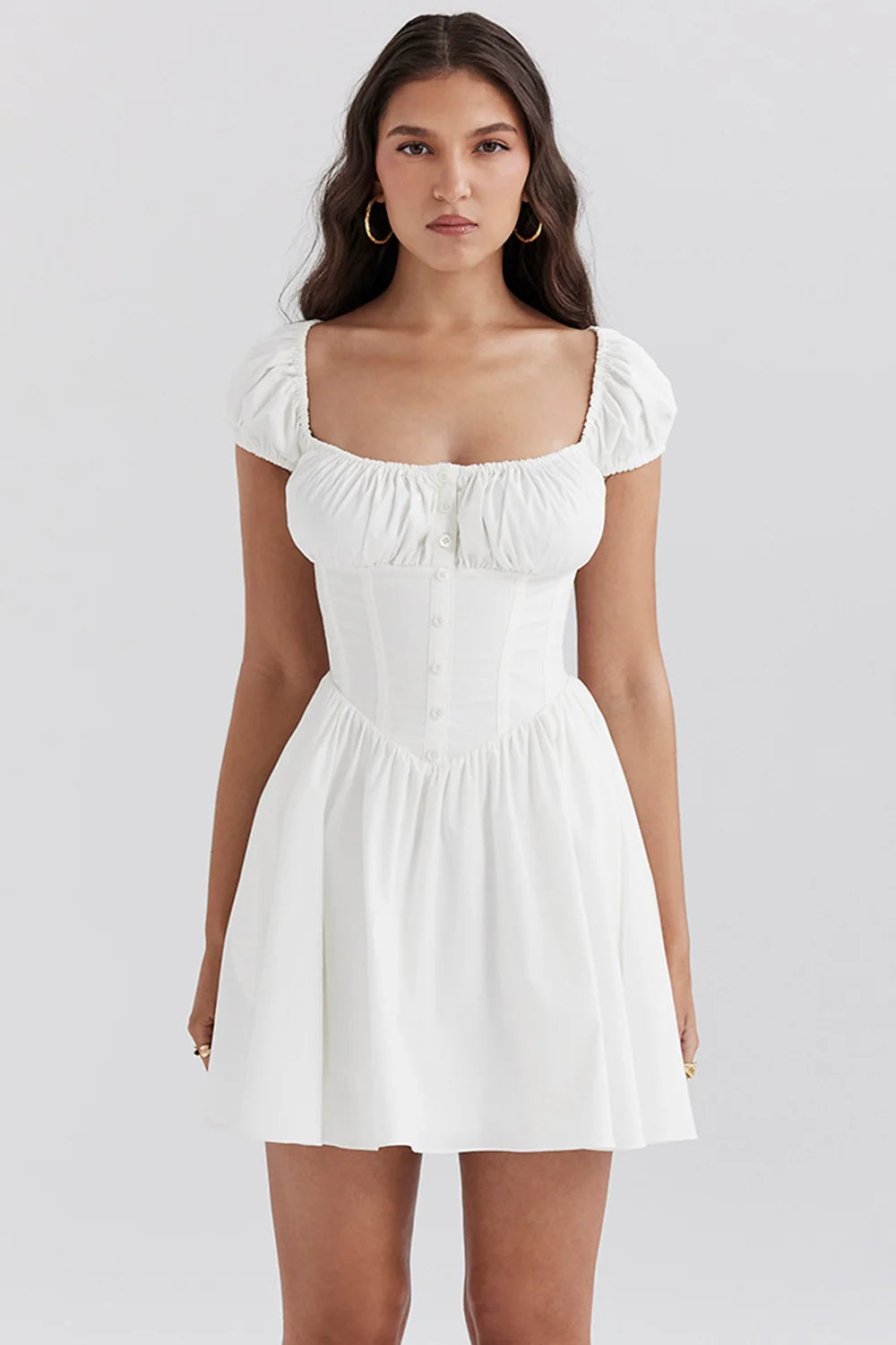 White Cotton Gathered Mini Dress