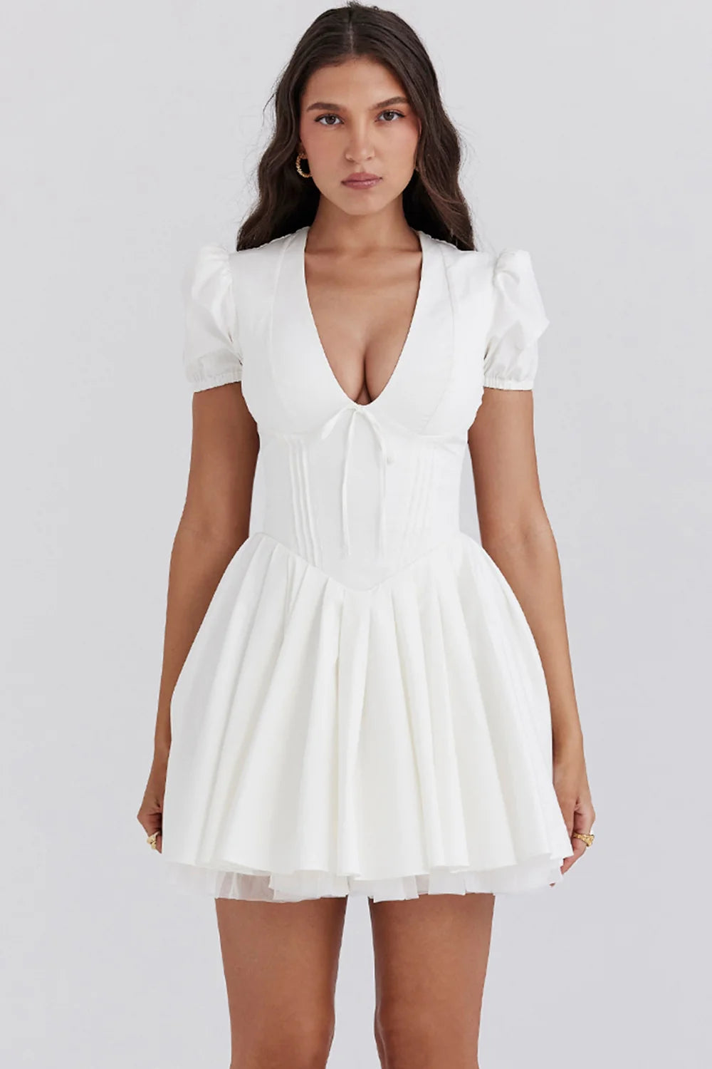 White Pleated Cotton Mini Dress 82175