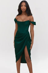 Emerald Green Satin Off Shoulder Dress