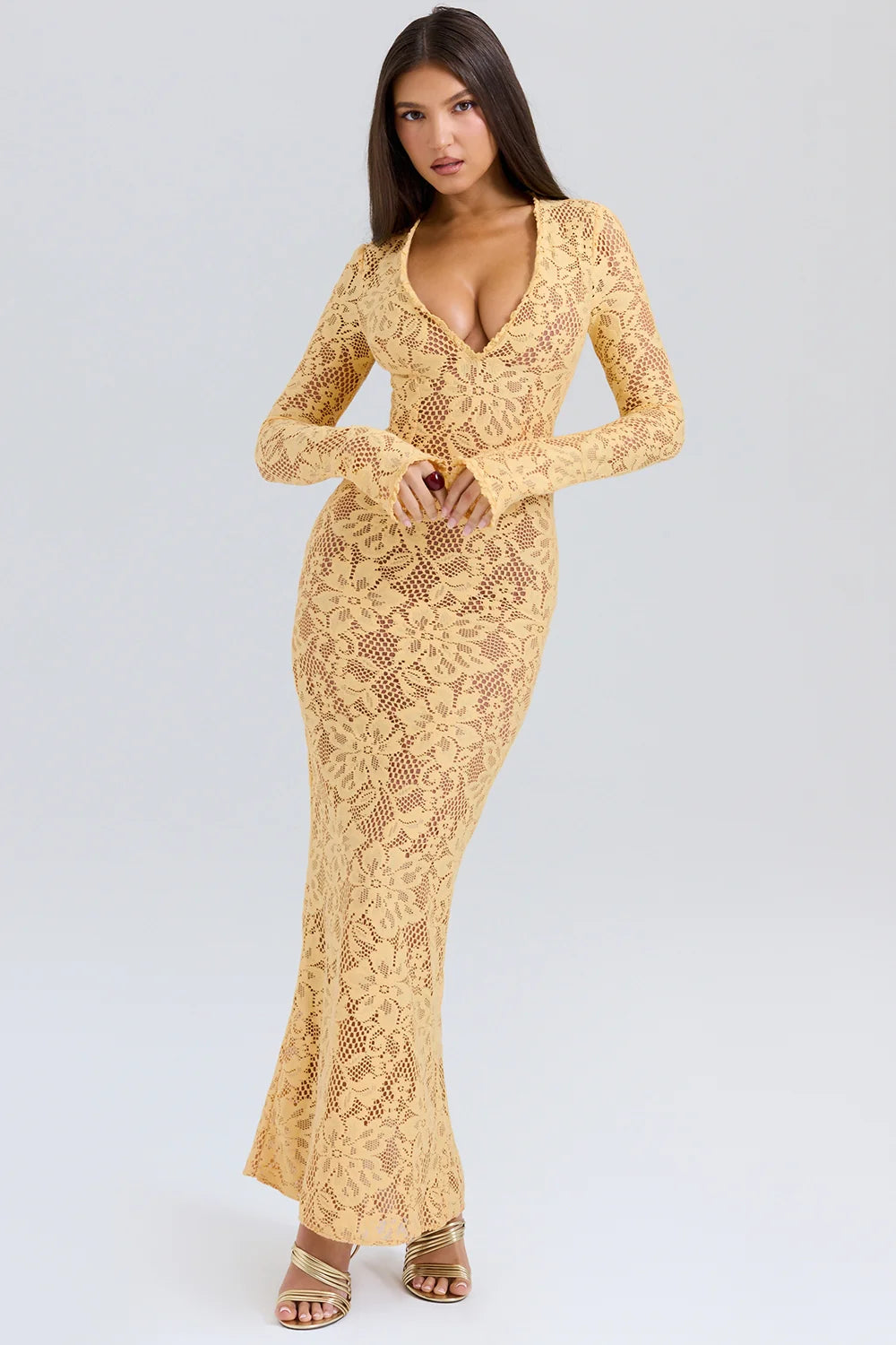 Apricot Plunge Lace Maxi Dress