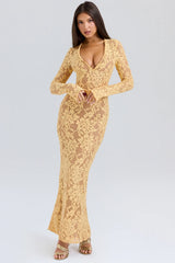 Apricot Plunge Lace Maxi Dress