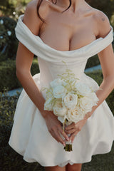 Ivory-Satin-Off-Shoulder-Mini-Bridal-Gown