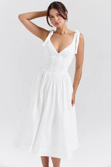 White Pin Tuck Cotton Midi Sundress 55912