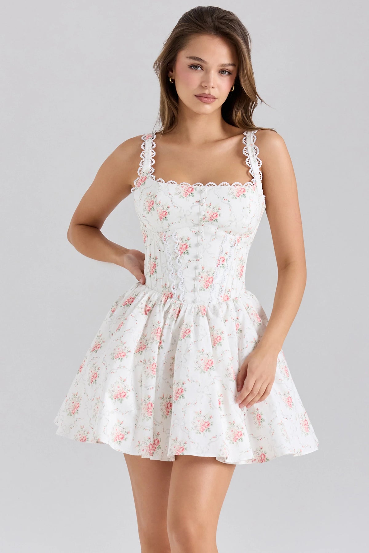 Rose Print Stretch Cotton Mini Dress