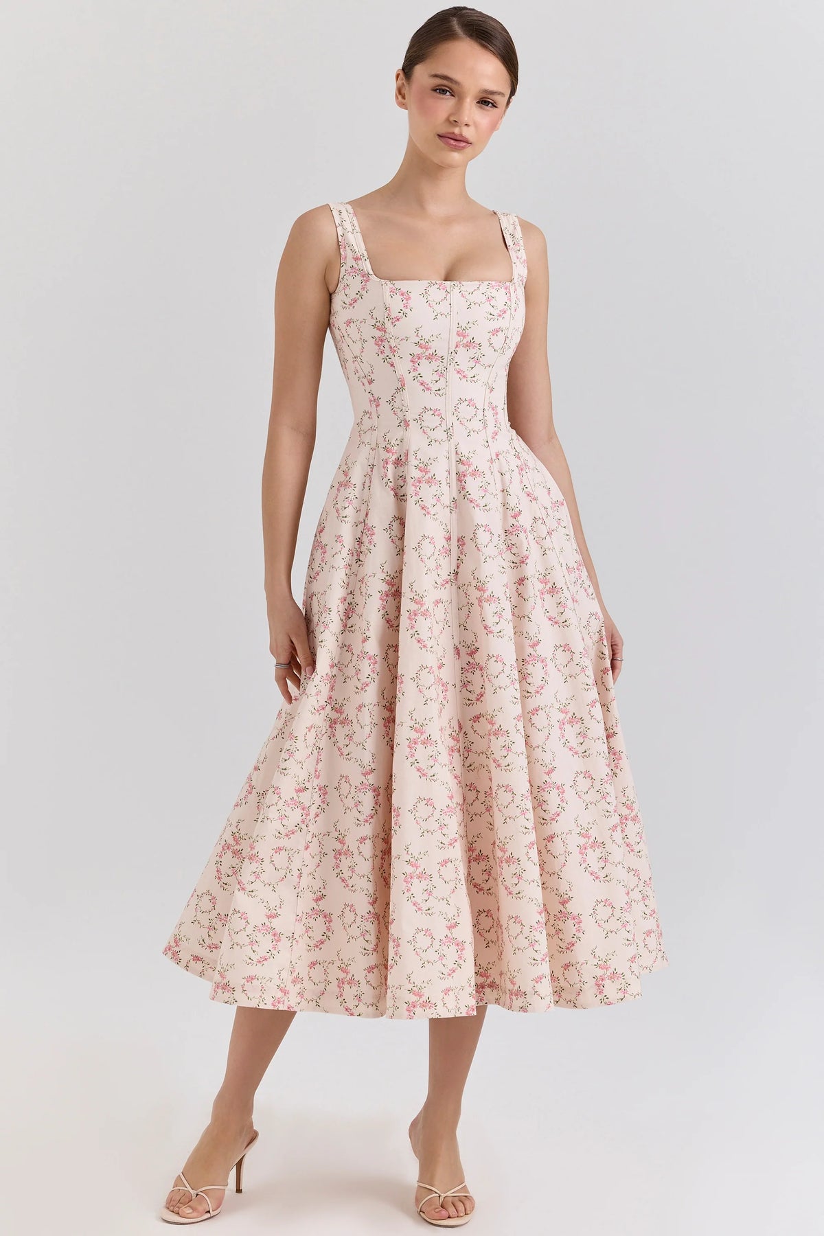Cream Floral Print Cotton Midi Sun Dress