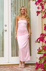 Pink-Bloom-Satin-Strapless-Maxi-Dress